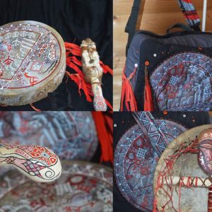 Shamanic set for the ceremony: tambourine, bag, mallet and mask